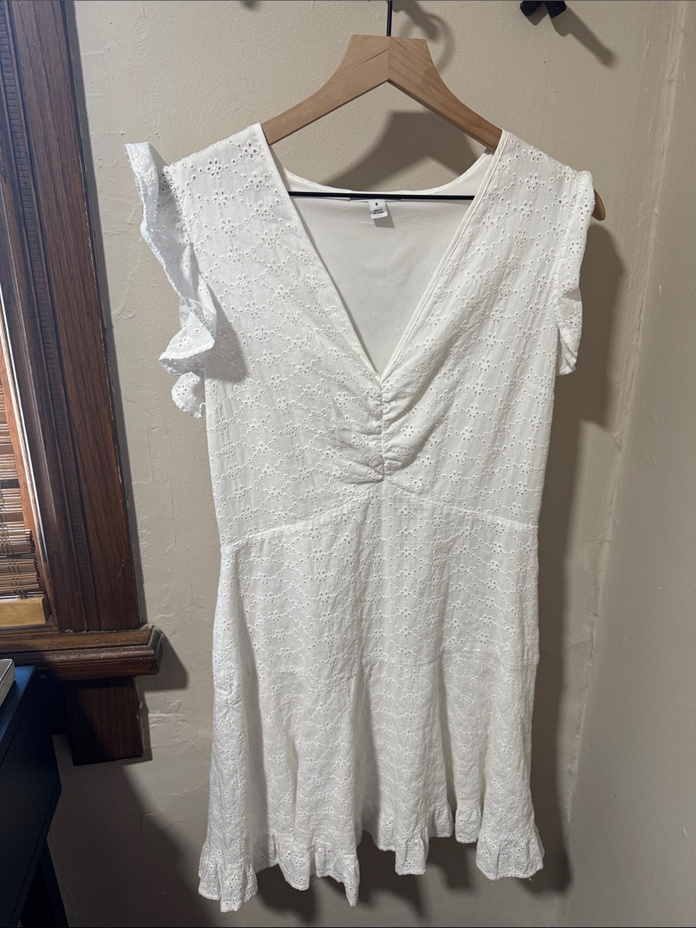 Bar III White Eyelet V-Neck Ruffle Sleeve Mini Dress